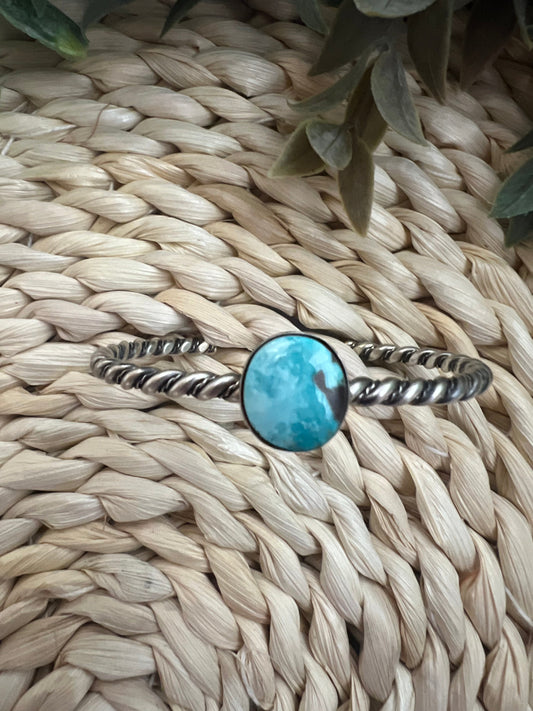 Elaine Tahe Navajo Artist Turquoise and Silver Twisted Wire Bracelet