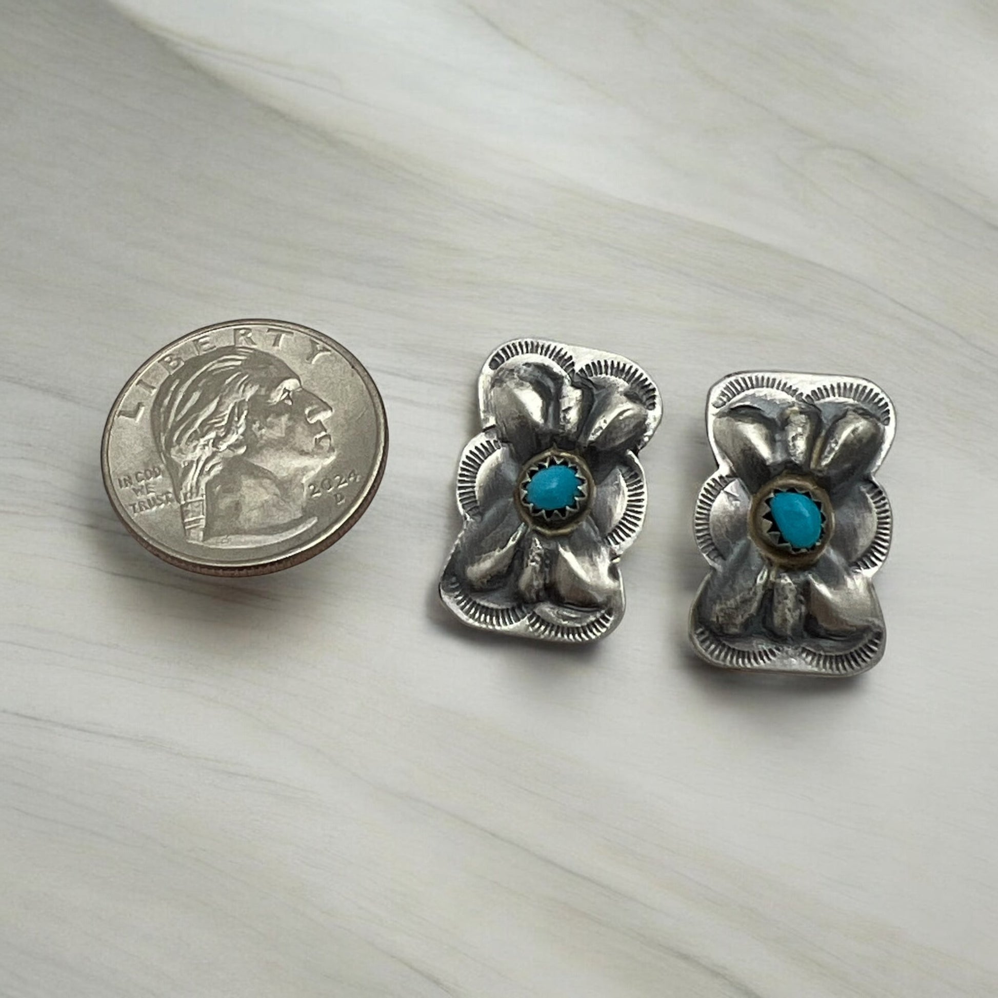 Navajo Artist Blue Turquoise Concho Butterfly Post Earring Sterling Silver