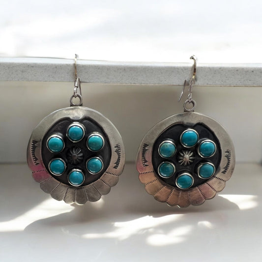 Navajo Artist Blue Turquoise Concho Dangle Earrings Sterling Silver