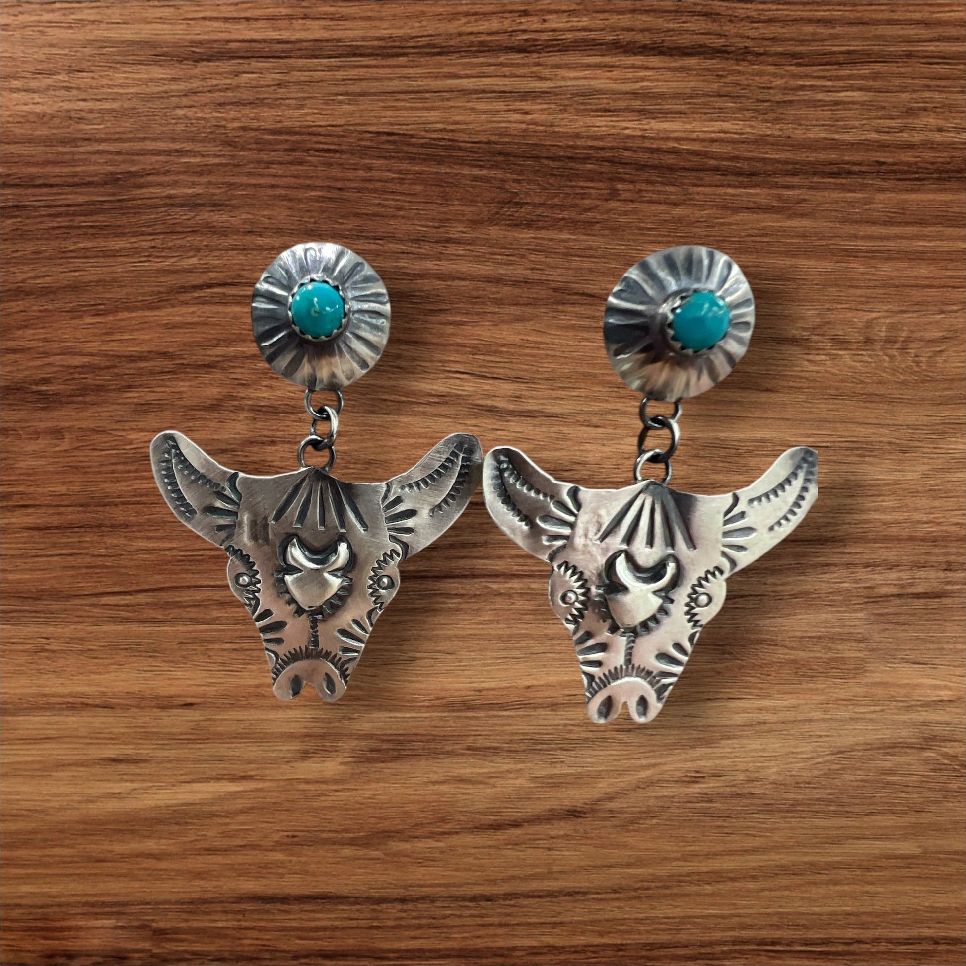 Navajo Artist Yazzie Blue Turquoise Steer Head  Dangle Earrings Sterling Silver